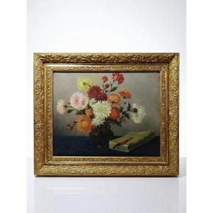 Oil Painting On Canvas, Still Life With Chrysanthemums, Signed L. Porte 1888