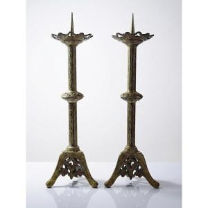 Pair Of Antique Gilt Bronze Candlesticks, 19th-century Gothic Style