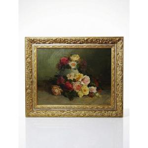 Antique Framed Oil Painting On Canvas, Bouquet Of Roses, Signed, Circa 1890-1910