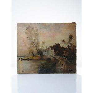 Tableau ferme sur étang ancien XIXe signature, huile sur toile lin