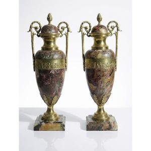 Pair Of Cassolettes In Breccia Marble And Gilt Bronze, Napoleon III 19th Century