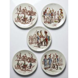 Set Of 5 Antique Sarreguemines Earthenware Wall Plates With Polychrome Military Decoration