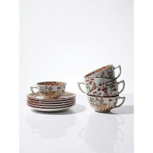 Service à thé Sarreguemines Kyoto 1900-1920 5 tasses 6 soucoupes japonisantes