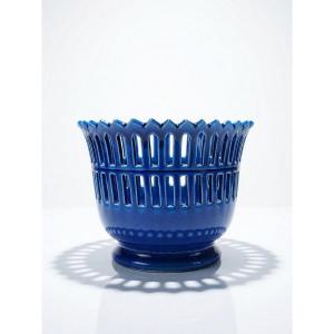 Openwork Earthenware Cachepot From Malicorne Moreau-bourg-joly, Peacock Blue, 20th Century
