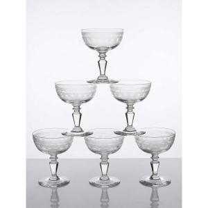 Suite Of 6 Antique Champagne Glasses Engraved Fine Crystal With Stars XIX-xxth Century