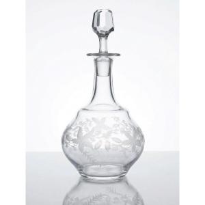 Antique Engraved Crystal Decanter, Plant Decoration, Bohemia 19th-20th Century