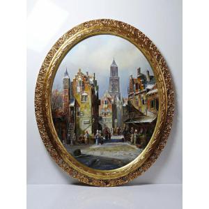 Large Painting Urban Scene Oil On Wood Framed Vintage John Haanstra