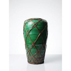 Vase Japonais céramique verte et laçage de bambou Awaji Yaki ancien 1900-1930