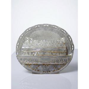 Plaque votive nacre sculptée, "la Cène", artisanat de Bethléem XXe 