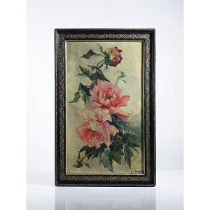 Large Antique Painting With Peonies, Signed E. Jacque, Late 19th/early 20th Century