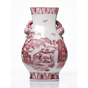 Pink Chinoiserie Baluster Vase, Peach Handles, Staffordshire Style England XIX-xxth Century