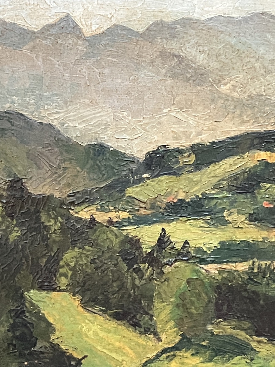 Painting Of A Landscape Of Haute Savoie, Oil On Panel, Monogrammed Hc For Collignon, Dated 1952-photo-3