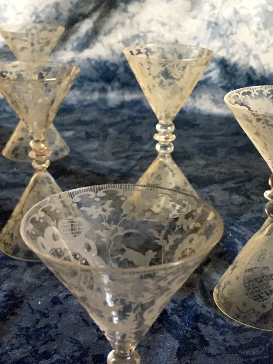 Series Of Six Diabolo Glasses Engraved In The Bohemian Style, 19th Century-photo-3