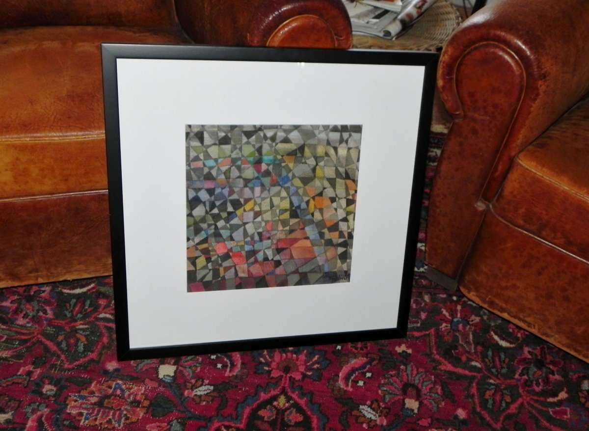 Abstract Painting, Gouache On Paper Signed And Dated 1964-photo-2