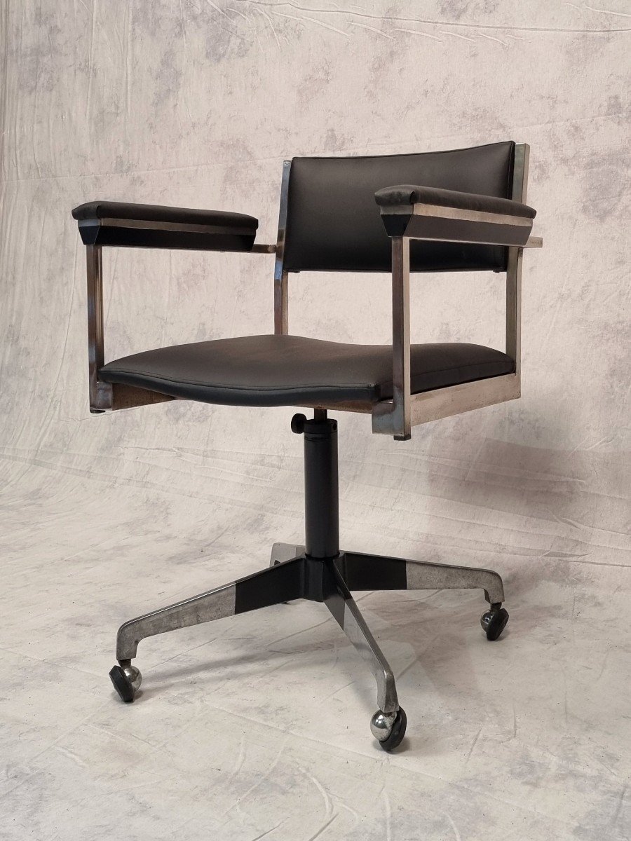 Vintage Modernist Office Armchair - Germany - Chromed Metal - Ca 1960-photo-2