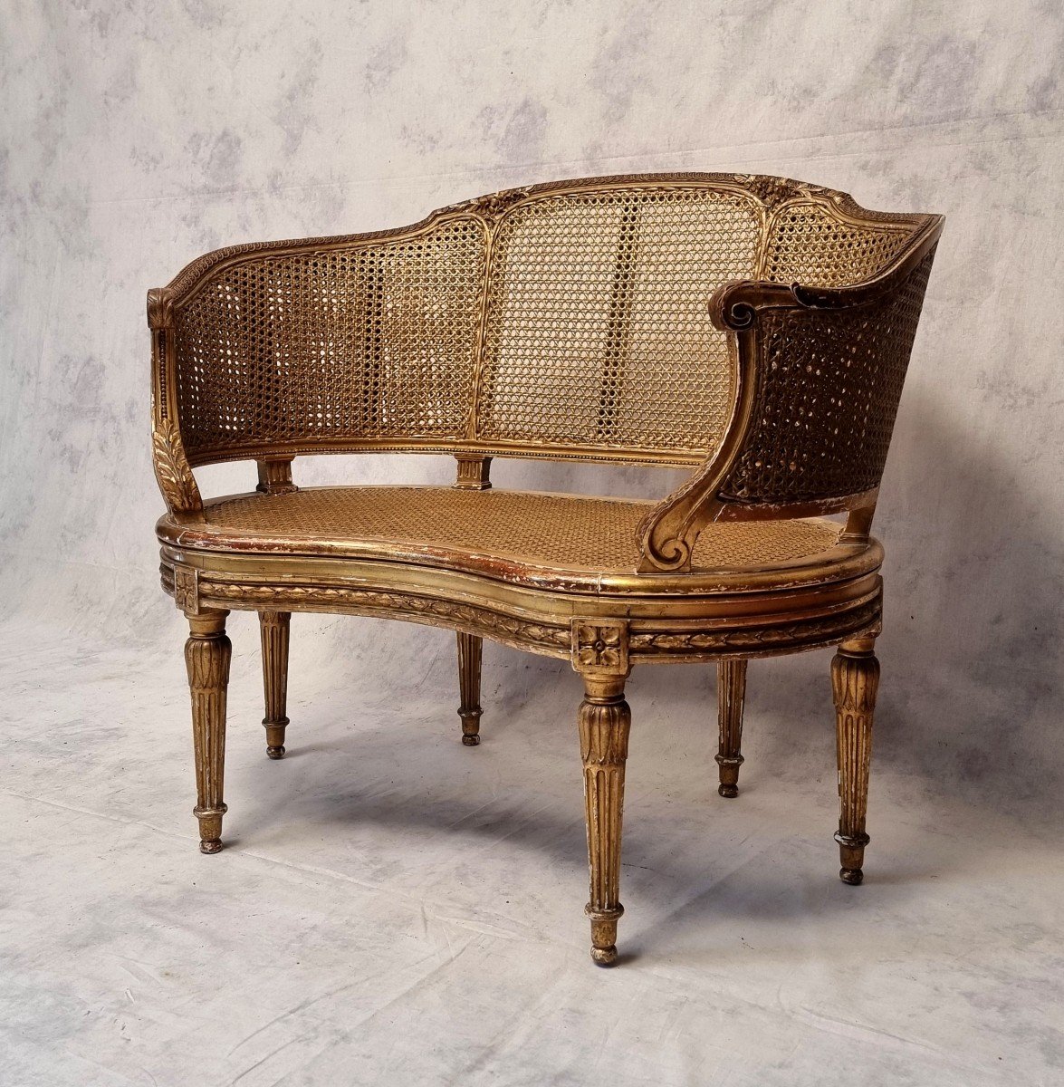 Small Louis XVI Style Sofa - Caning & Golden Wood - 19th-photo-2