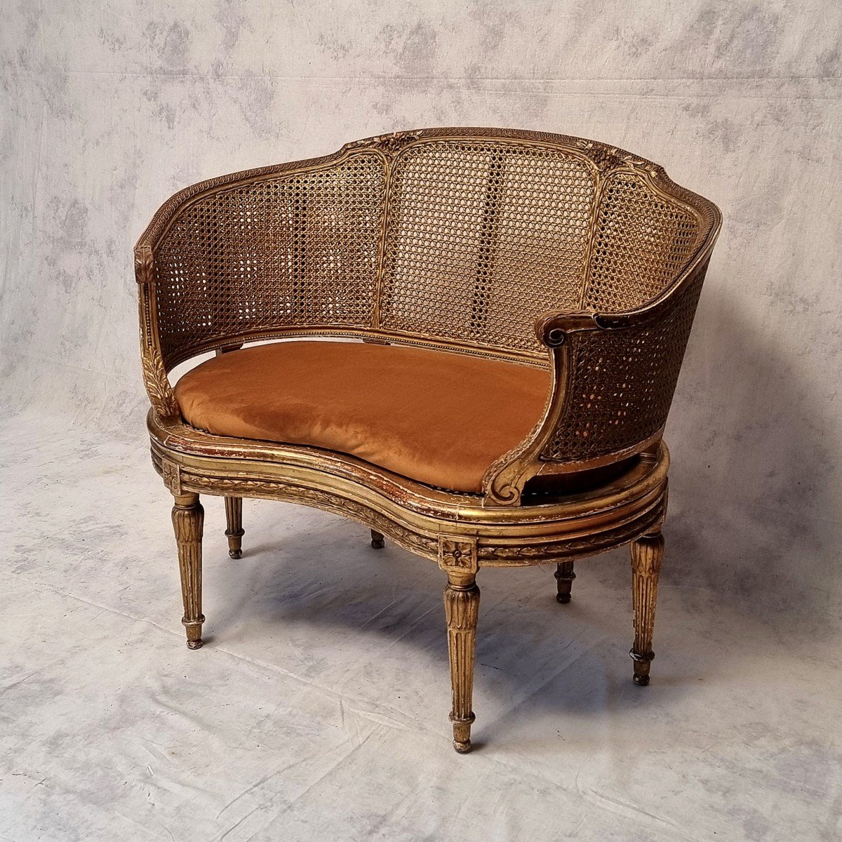 Small Louis XVI Style Sofa - Caning & Golden Wood - 19th-photo-3