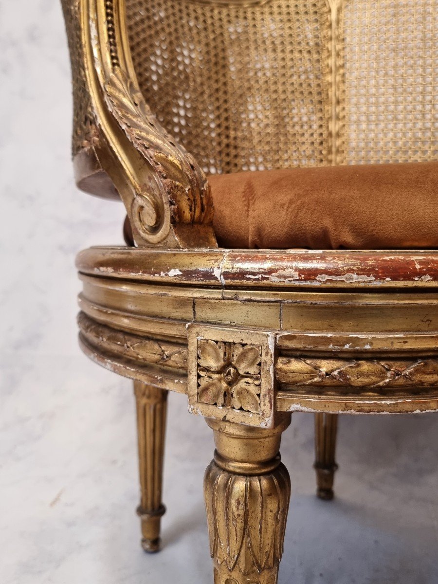 Small Louis XVI Style Sofa - Caning & Golden Wood - 19th-photo-3