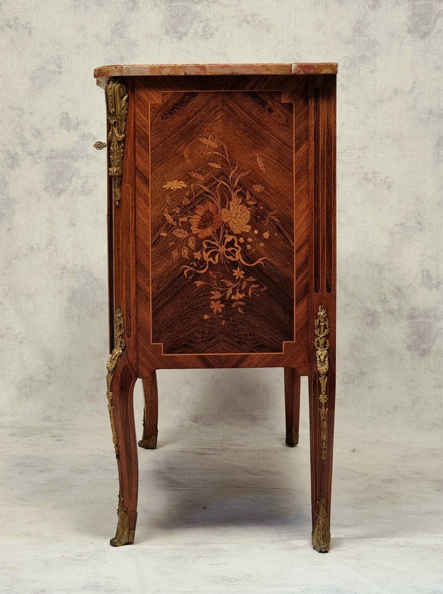 Transition Style Commode Napoleon III Period - Floral Marquetry - Rosewood - 19th-photo-3