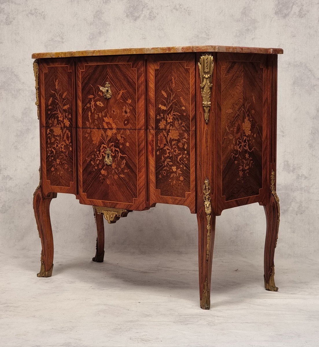Transition Style Commode Napoleon III Period - Floral Marquetry - Rosewood - 19th