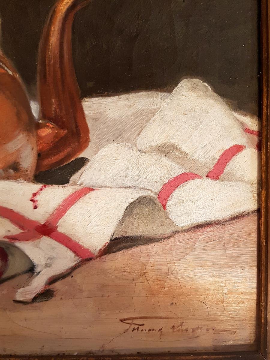 Oil On Canvas - Still Life - Tellière In Copper - Illegible Signature - 19th-photo-2