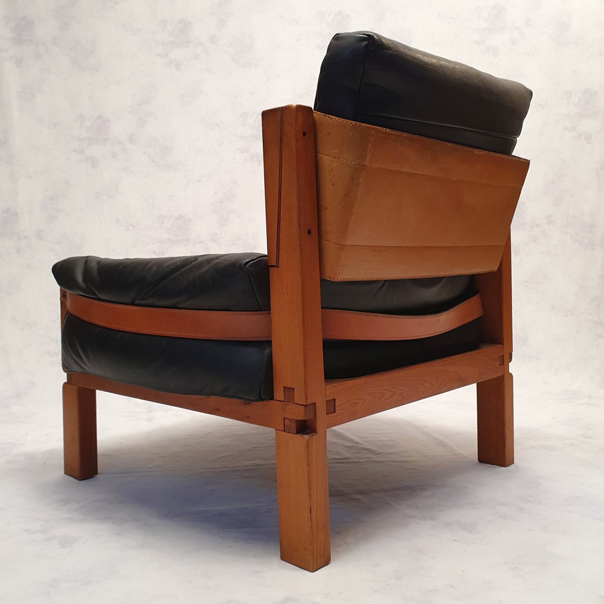 Paire De Fauteuils S15 De Pierre Chapo - Brutaliste - Orme & Cuir - Ca 1960-photo-4