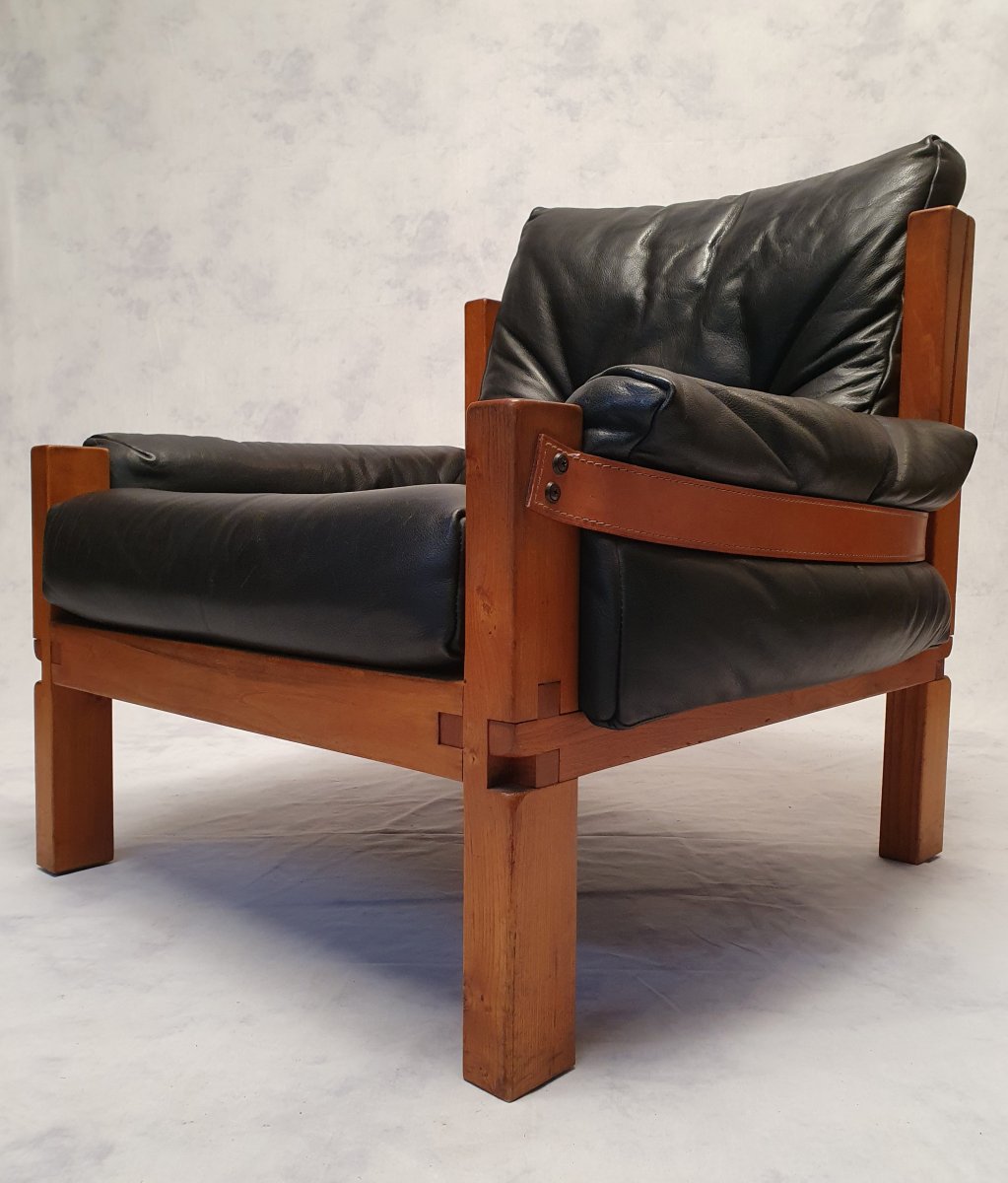 Paire De Fauteuils S15 De Pierre Chapo - Brutaliste - Orme & Cuir - Ca 1960-photo-1