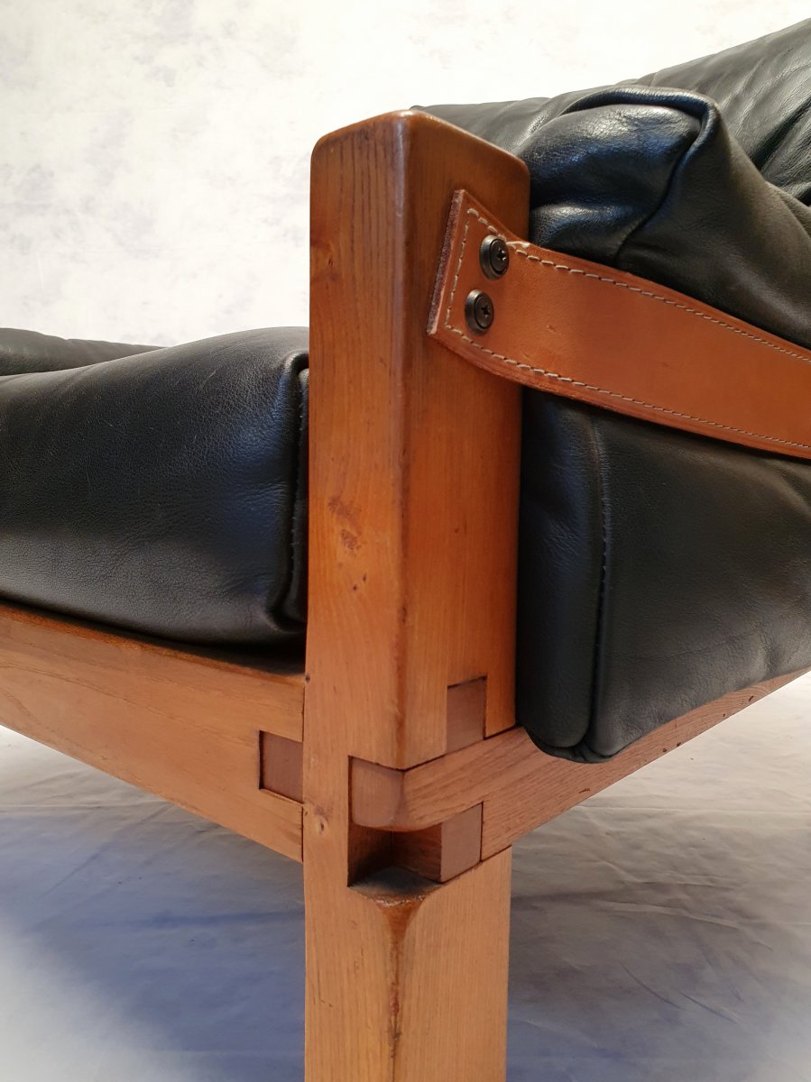 Paire De Fauteuils S15 De Pierre Chapo - Brutaliste - Orme & Cuir - Ca 1960-photo-2