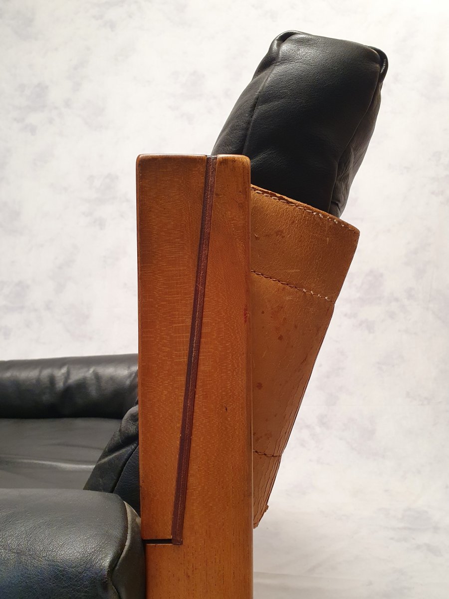 Paire De Fauteuils S15 De Pierre Chapo - Brutaliste - Orme & Cuir - Ca 1960-photo-4