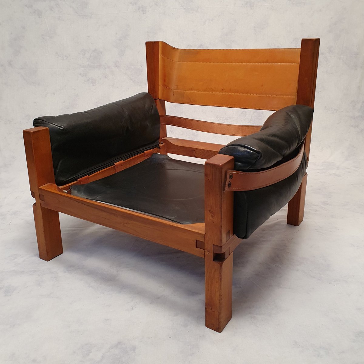Paire De Fauteuils S15 De Pierre Chapo - Brutaliste - Orme & Cuir - Ca 1960-photo-7