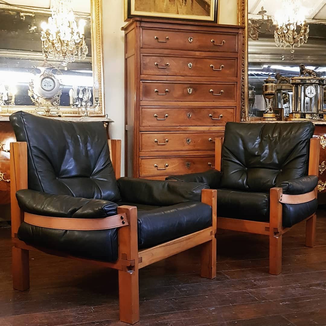 Paire De Fauteuils S15 De Pierre Chapo - Brutaliste - Orme & Cuir - Ca 1960-photo-8