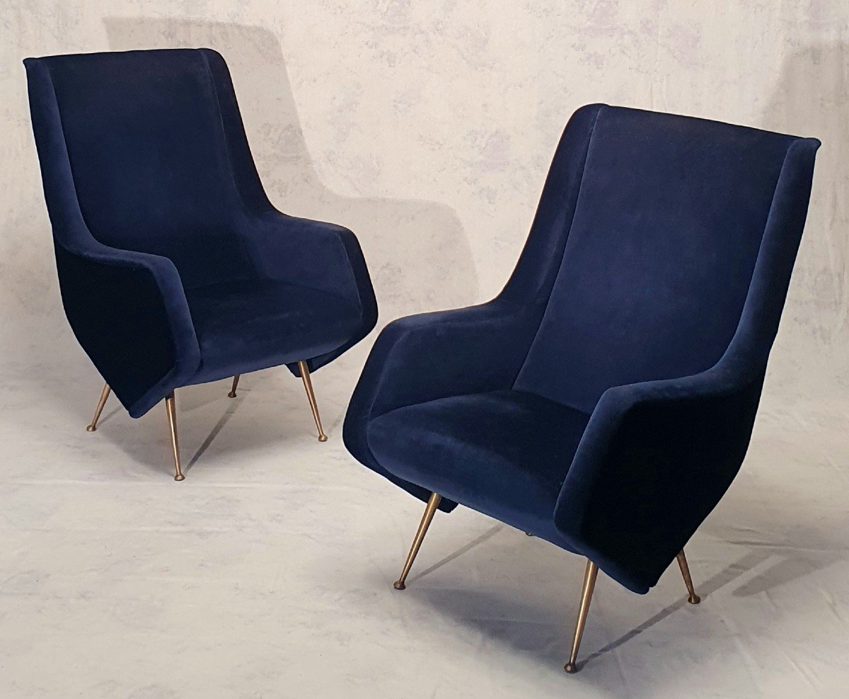 Paire De Fauteuils Italiens - Aldo Morbelli Pour Isa Bergamo - Bleu Nuit - Ca 1950-photo-3