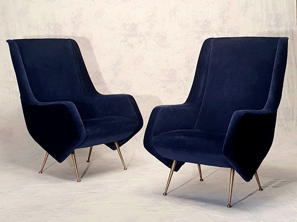Paire De Fauteuils Italiens - Aldo Morbelli Pour Isa Bergamo - Bleu Nuit - Ca 1950