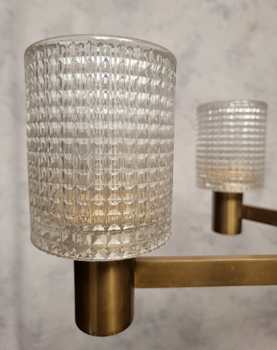 Lustre De Carl Fagerlund - Orrefors - 6 Bras De Lumière - Cristal & Laiton - Ca 1950-photo-3