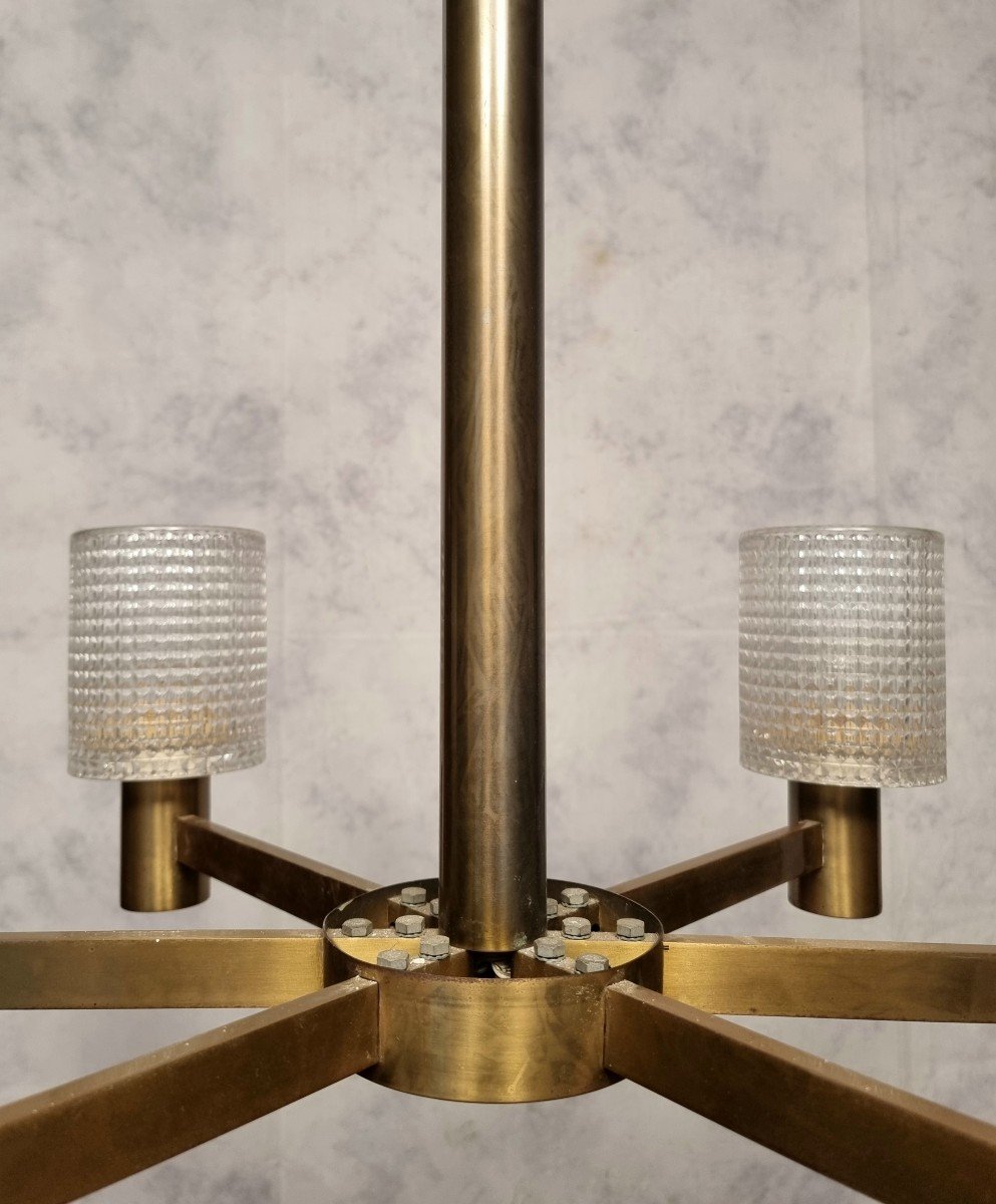 Lustre De Carl Fagerlund - Orrefors - 6 Bras De Lumière - Cristal & Laiton - Ca 1950-photo-4