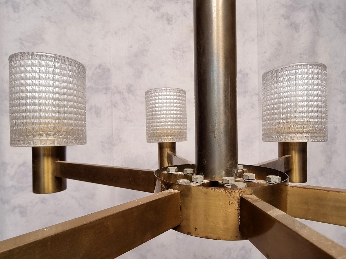 Lustre De Carl Fagerlund - Orrefors - 6 Bras De Lumière - Cristal & Laiton - Ca 1950-photo-6