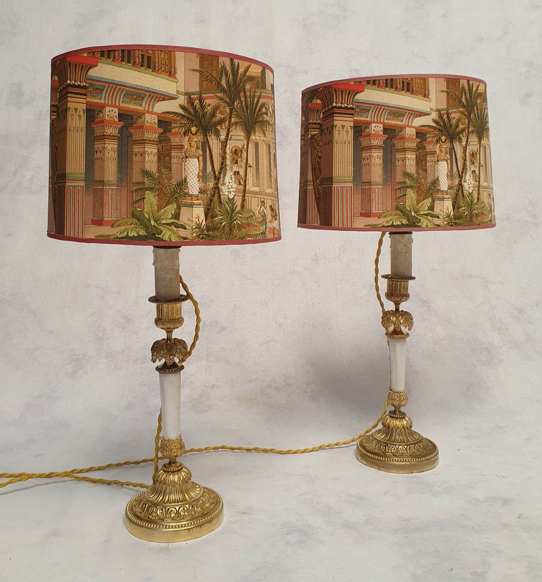 Pair Of Candlesticks Mounted In Lamp - Louis XVI Style - Bronze & Marble - 19th-photo-2