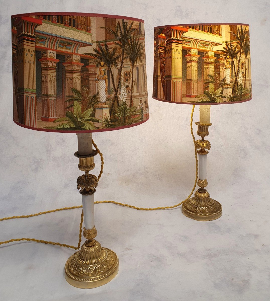Pair Of Candlesticks Mounted In Lamp - Louis XVI Style - Bronze & Marble - 19th-photo-3