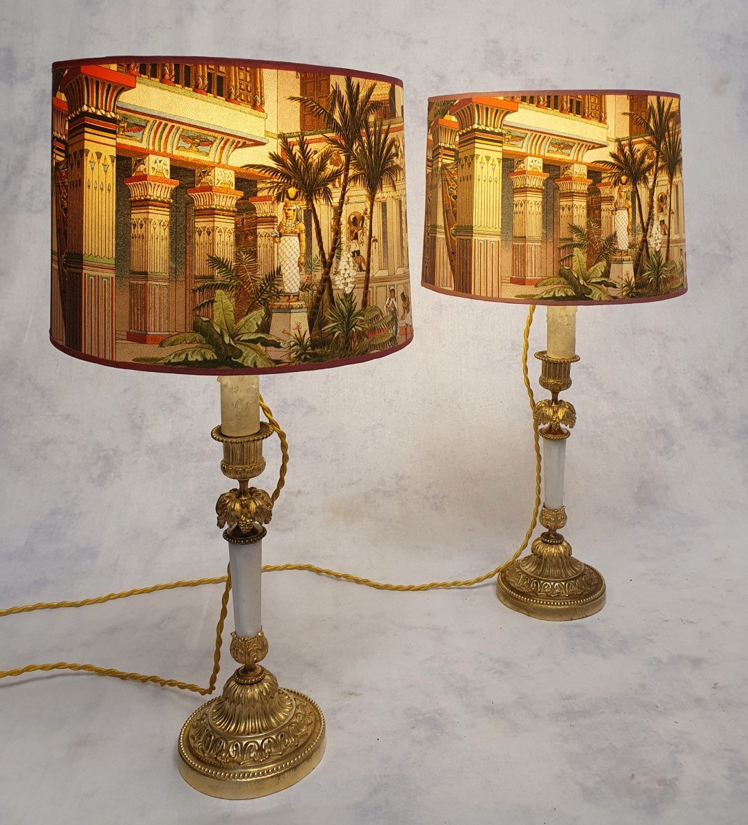 Pair Of Candlesticks Mounted In Lamp - Louis XVI Style - Bronze & Marble - 19th-photo-4