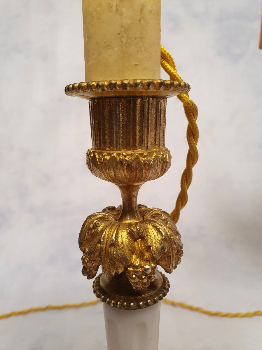 Pair Of Candlesticks Mounted In Lamp - Louis XVI Style - Bronze & Marble - 19th-photo-5