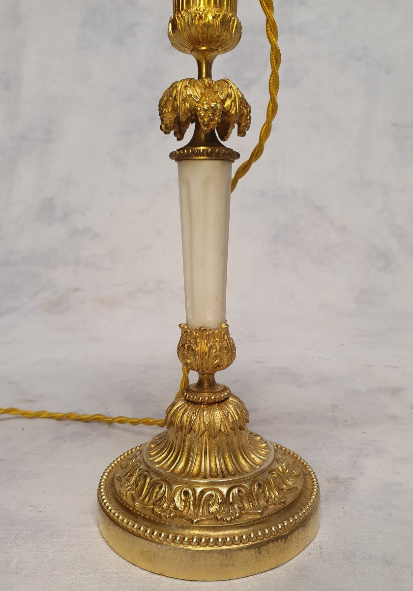 Pair Of Candlesticks Mounted In Lamp - Louis XVI Style - Bronze & Marble - 19th-photo-7
