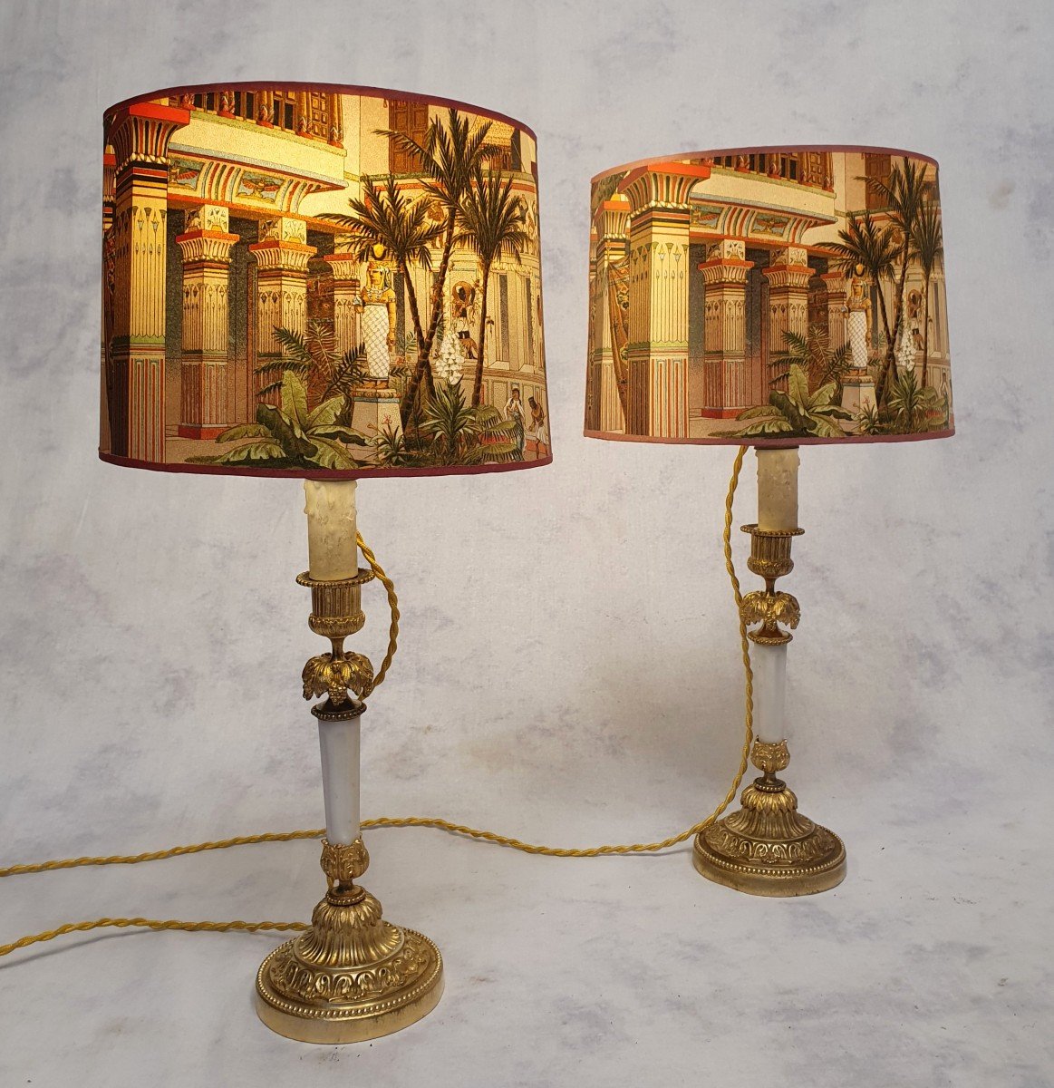 Pair Of Candlesticks Mounted In Lamp - Louis XVI Style - Bronze & Marble - 19th