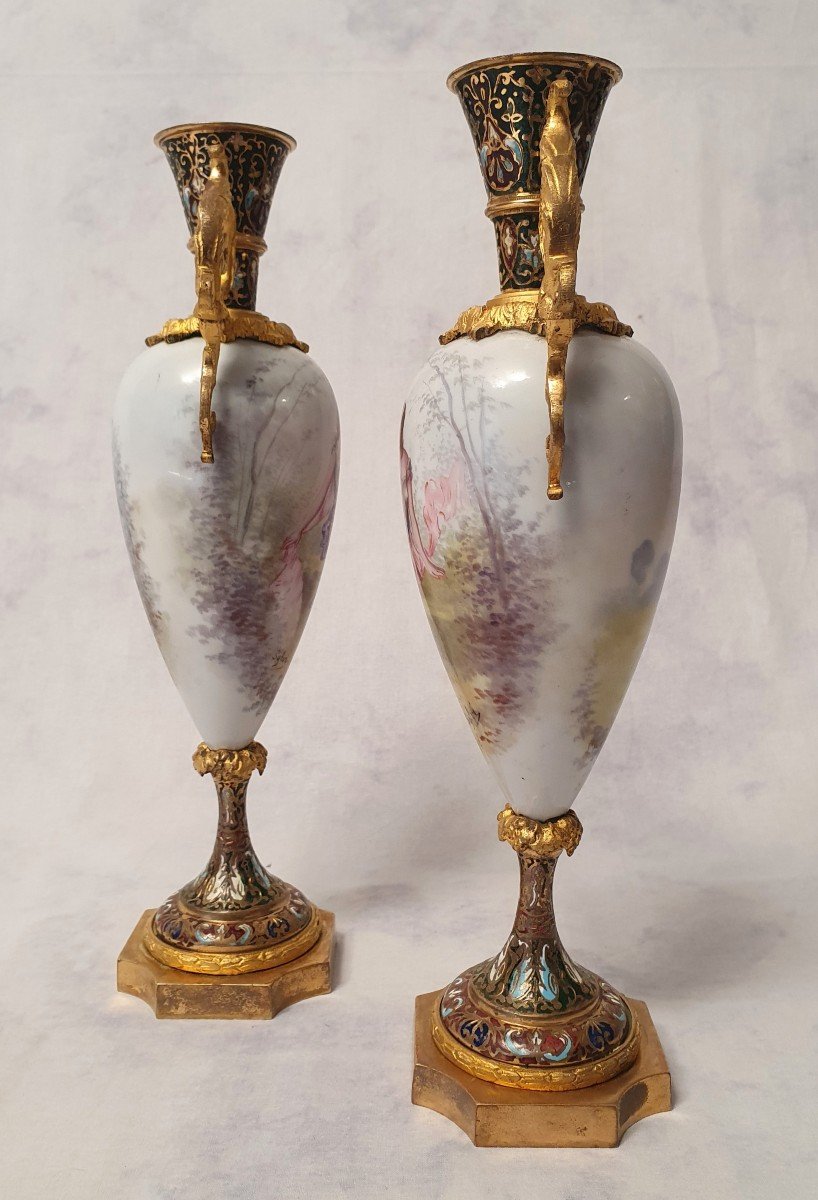 Paire De Vases Signés Sylvi – Porcelaine De Sèvres & Bronze Doré – 19ème-photo-2