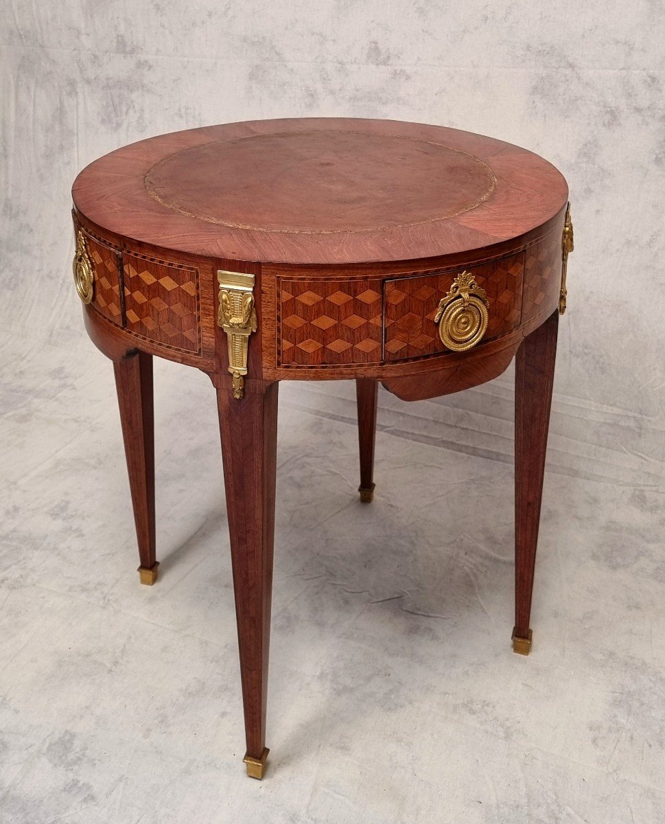 Table Bouillotte Style Louis XVI - Marqueterie De Cubes - Palissandre & Bois De Rose - Fin 18eme Début 19ème -photo-4