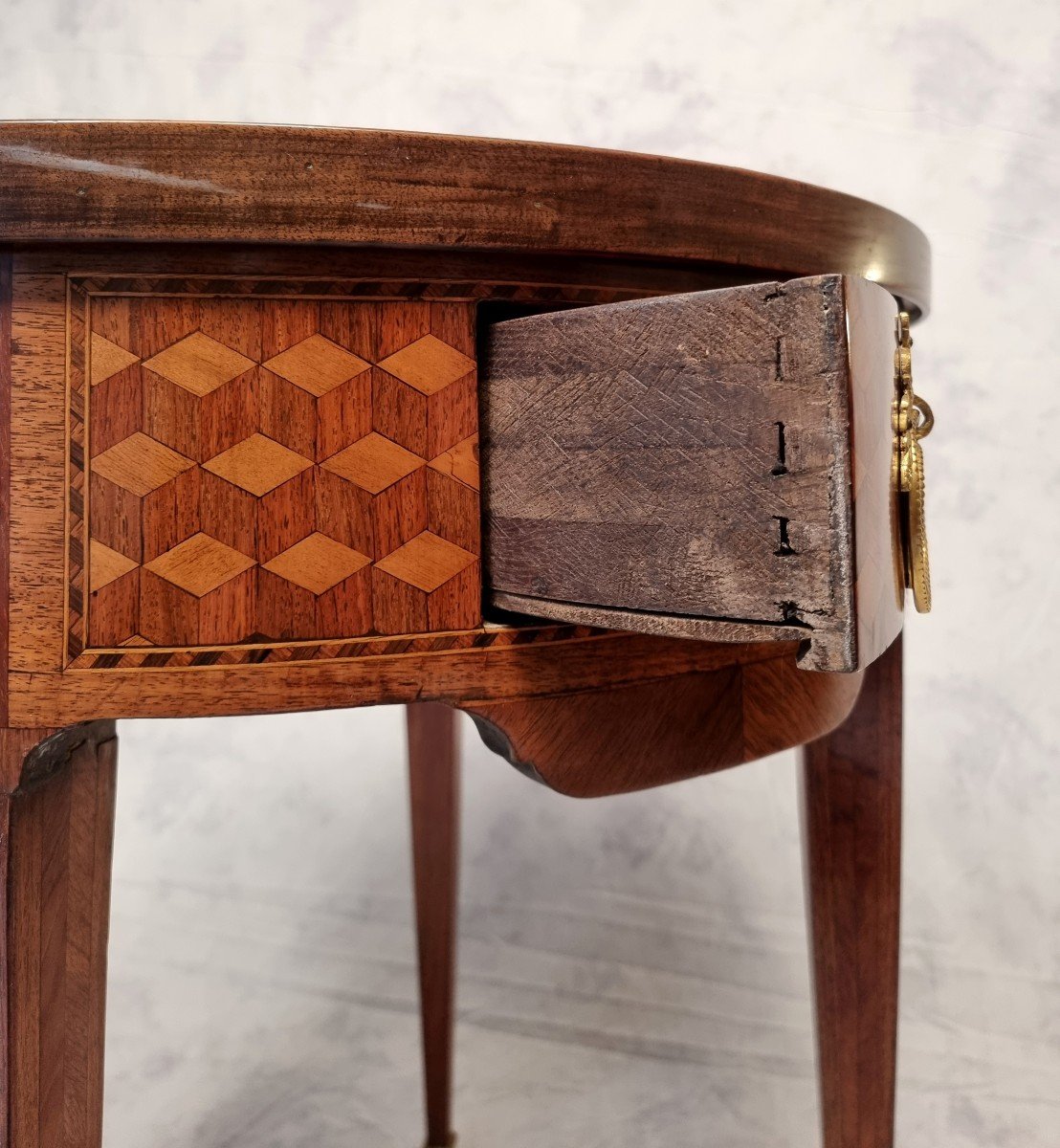Table Bouillotte Style Louis XVI - Marqueterie De Cubes - Palissandre & Bois De Rose - Fin 18eme Début 19ème -photo-6