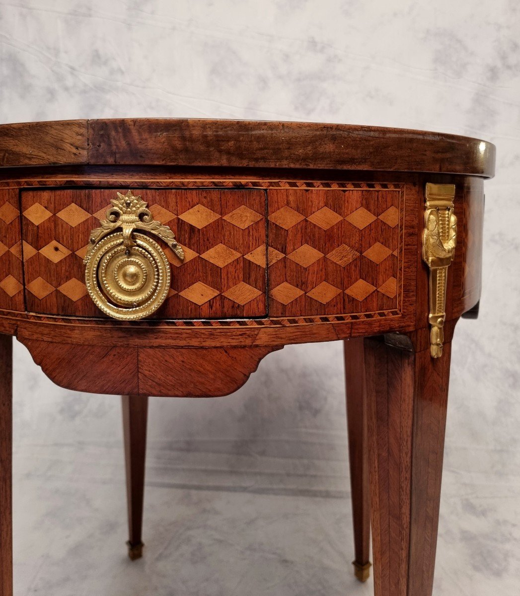 Table Bouillotte Style Louis XVI - Marqueterie De Cubes - Palissandre & Bois De Rose - Fin 18eme Début 19ème -photo-7