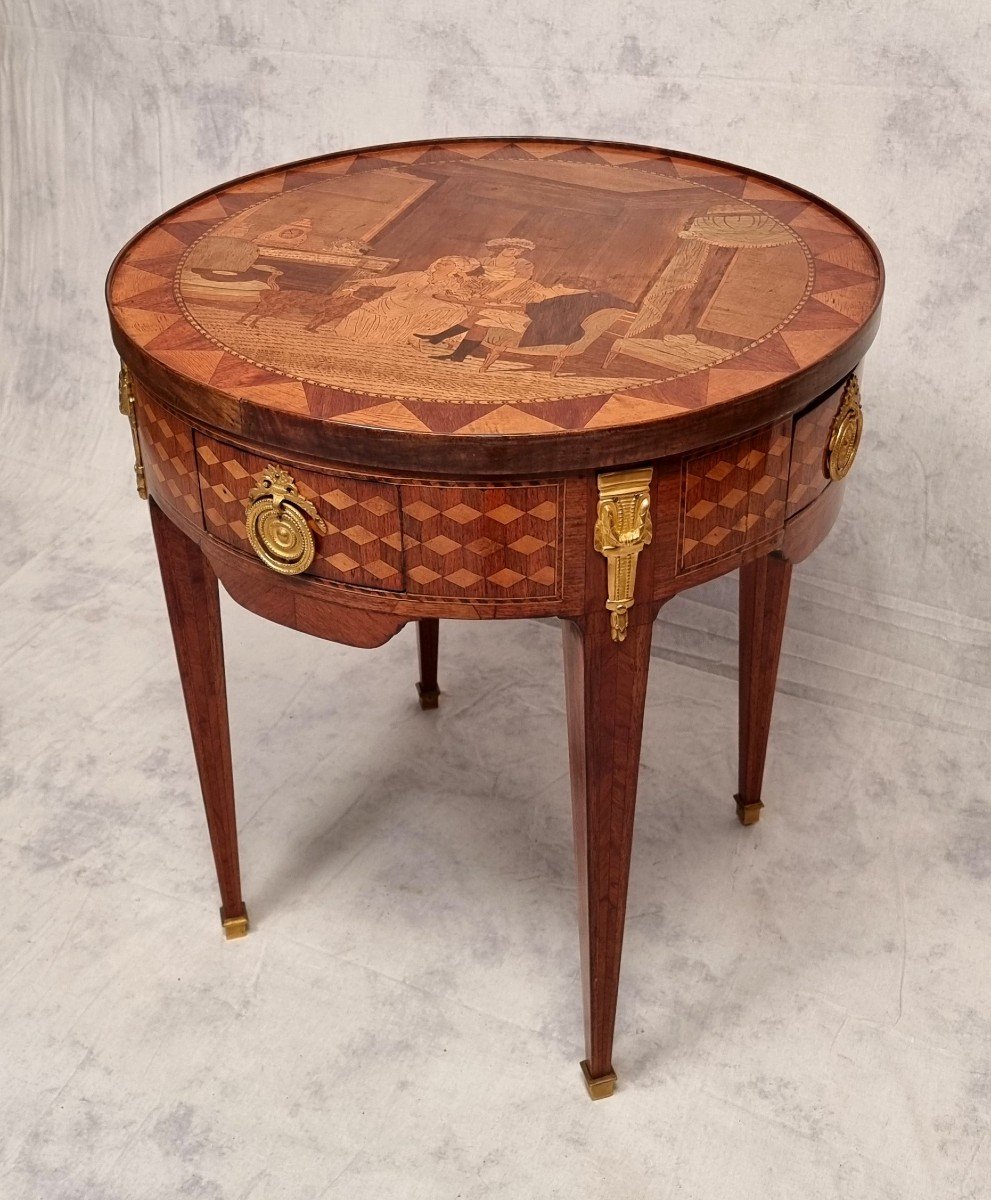 Table Bouillotte Style Louis XVI - Marqueterie De Cubes - Palissandre & Bois De Rose - Fin 18eme Début 19ème 