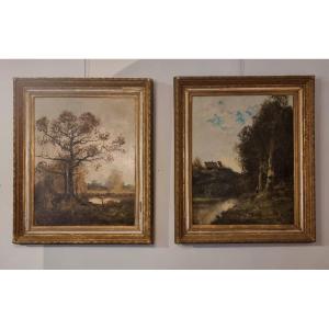 Pair Of Large Landscapes - Oils On Canvas - Albert Nolet - 19th