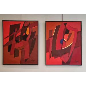 Pair Of Abstract Canvases - Guy Leclerc Gayrau - New Paris School - Ca 1960