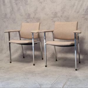 Pair Of Folding Seat Armchairs - Fritz Hansen - Chromed Metal - Ca 1970